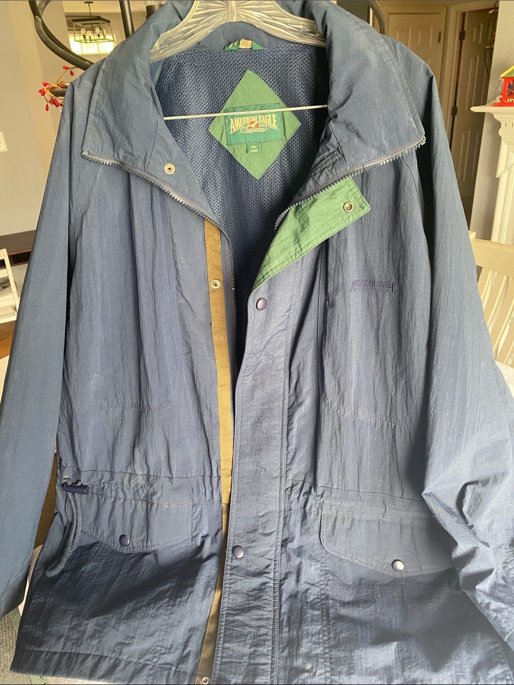 Vintage 90s American Eagle Outfitters Navy Raincoat with Green Trim